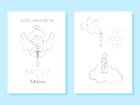 Set of Templates Invitations for Baptism Day Cute Angel Boy Holds a Cross and Dove Peace with Cross Simple Doodle Vector Illustration
