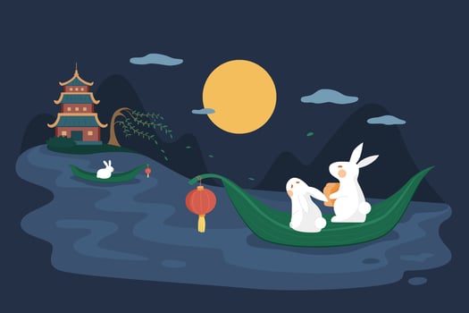 Mid autumn festival design. Flat illustration of jade rabbits drifting on a river and watching moon at night as holiday celebration vector