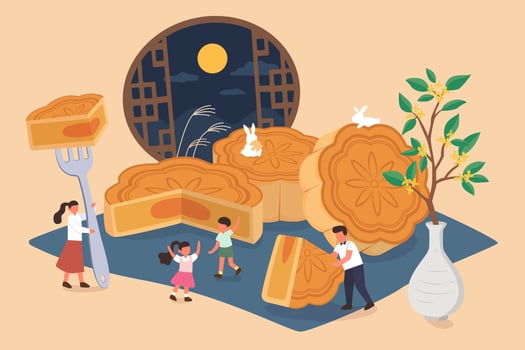Mid autumn festival design. Flat illustration of Chinese family having reunion, eating mooncakes, and watching moon as holiday celebrations vector