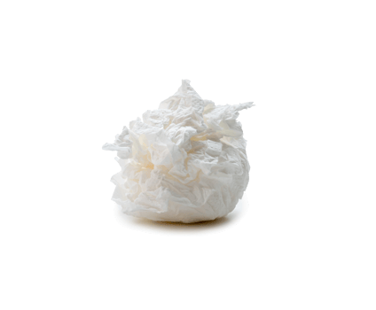 Single screwed or crumpled tissue paper ball or napkin in strange shape after use in toilet or restroom isolated with clipping path and shadow in png file format