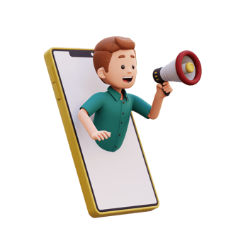 3d male character jumping out from smart phone screen and holding a megaphone png