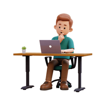 3d male character thinking and working on a laptop png