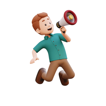 3d male character jumping and holding a megaphone png