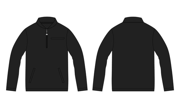 Long sleeve jacket with pocket and zipper technical fashion flat sketch vector illustration Black Color template front and back views. Fleece jersey sweatshirt jacket for men's and boys.