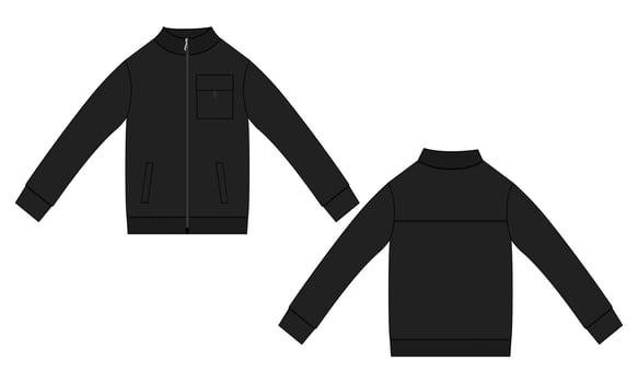 Long sleeve jacket with pocket and zipper technical fashion flat sketch vector illustration Black Color template front and back views. Fleece jersey sweatshirt jacket for men's and boys.