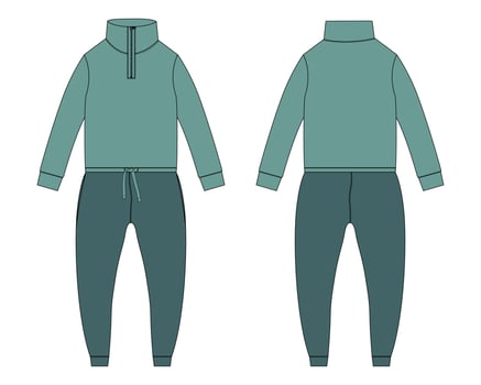 All in one bodysuit Jogger sweatpants with sweatshirt tops technical fashion flat sketch vector illustration template front and back views