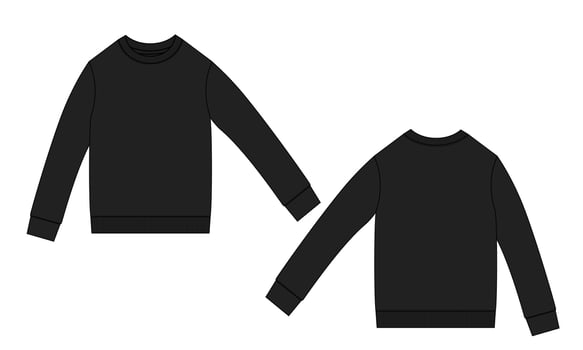 Long Sleeve Sweatshirt technical fashion flat sketch vector illustration Black Color template front and back views. Fleece jersey sweatshirt sweater jumper for men's and boys.
