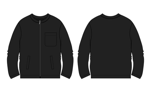 Long Sleeve Sweatshirt technical fashion flat sketch vector illustration Black Color template front and back views. Fleece jersey sweatshirt sweater jumper for men's and boys.