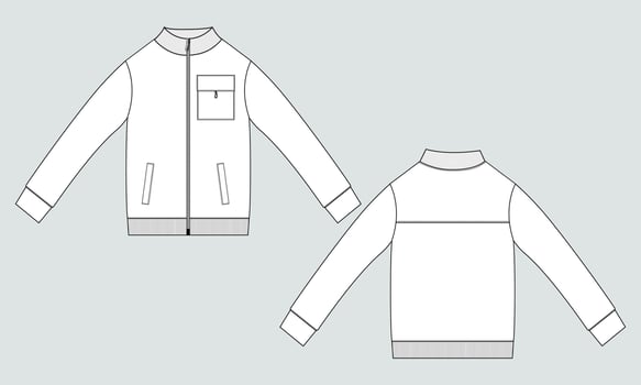 Long sleeve zipper with pocket tracksuits jacket sweatshirt technical fashion flat sketch vector illustration template front and back view.