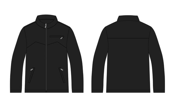 Long sleeve jacket with pocket and zipper technical fashion flat sketch vector illustration Black Color template front and back views. Fleece jersey sweatshirt jacket for men's and boys.