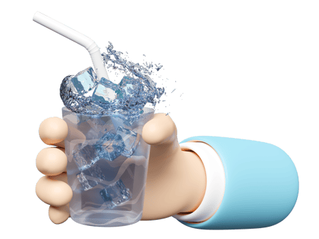 3d businessman hands holding glass with ice cubes, water splash, drinking straws, clear blue water scattered around isolated. 3d render illustration png