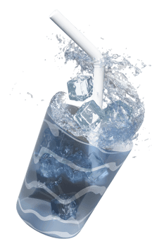 3d glass with ice cubes, water splash, drinking straws, clear blue water scattered around isolated. 3d render illustration png