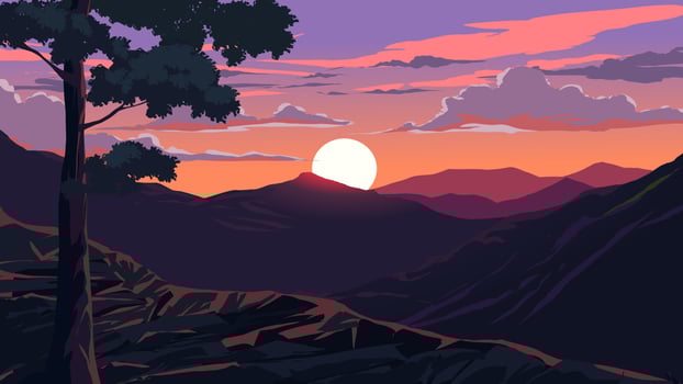 Serene sunset at mountain range with a tree in foreground vector