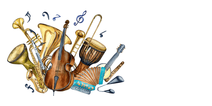 Composition of various musical instruments and symbol watercolor illustration. Horn, flute, accordion, contrabass hand drawn. Design element for flyer, concert events, brochure, poster png