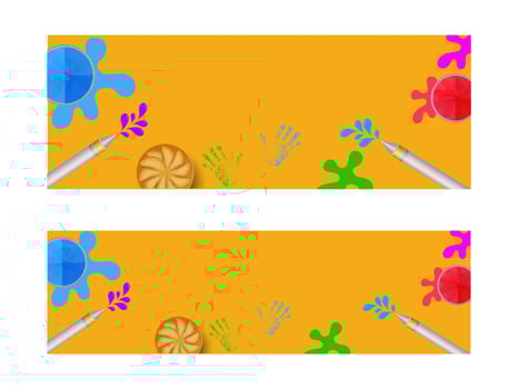 Website Header Or Banner Design With Top View Of Color Bowls, Water Guns, Indian Sweets On Yellow Background. vector