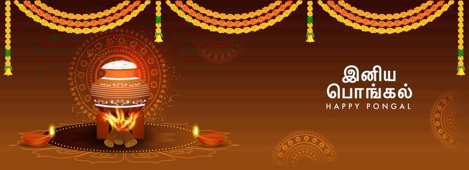 Tamil Lettering Of Happy Pongal Font With Traditional Dish Cooking At Bonfire And Floral Garland Decorated On Brown Background. vector