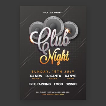 Club Night Party Flyer Design With Woofers And Event Details In Black Color. vector