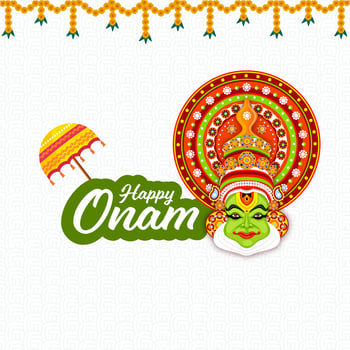 Sticker Style Happy Onam Font With Kathakali Dancer Face, Traditional Umbrella And Floral Garland On White Seamless Scales Pattern Background. vector