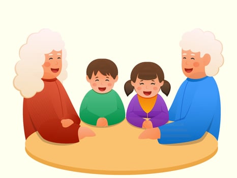 Chinese Older Couple With Grandchildren Together Sitting Around Table. vector