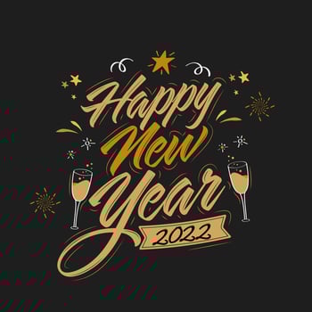 Golden Happy New Year 2022 Font With Champagne Glasses, Stars And Fireworks On Black Background. vector