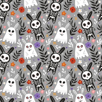 Skeleton hares, ghost hares. Seamless pattern, vector illustration. halloween holiday
