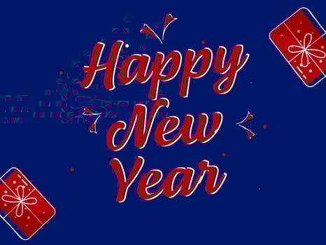 Red Happy New Year Font With Top View Gift Boxes On Blue Background. vector