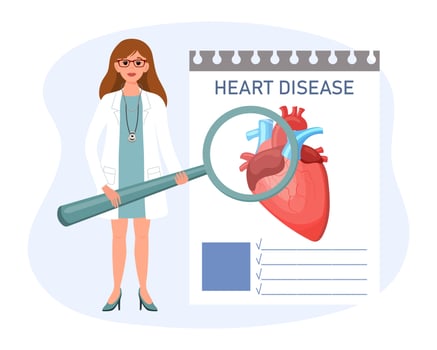 Female doctor with a magnifying glass examines heart disease, cardiology. The concept of science and medicine. Vector