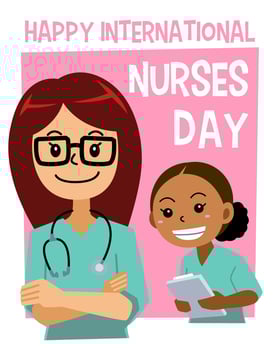 design for international nurses day with illustration of nurse with glasses looking smiling cute cartoon vector