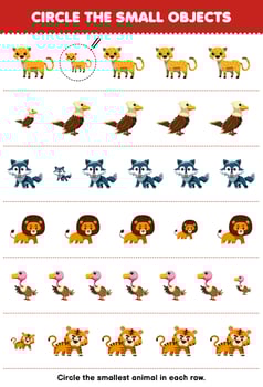 Education game for children circle the smallest object in each row of cute cartoon cheetah eagle wolf lion vulture tiger printable animal worksheet vector