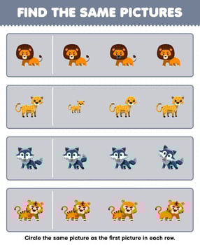 Education game for children find the same picture in each row of cute cartoon lion cheetah wolf tiger printable animal worksheet vector