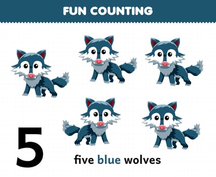 Education game for children fun counting cute cartoon five blue wolves printable animal worksheet vector