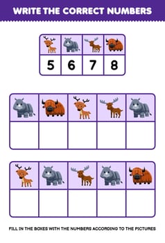 Education game for children write the right numbers in the box according to the cute cartoon deer rhino moose yak on the table printable animal worksheet vector