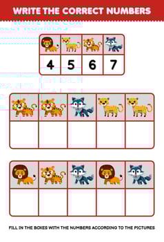 Education game for children write the right numbers in the box according to the cute cartoon lion cheetah tiger wolf on the table printable animal worksheet vector