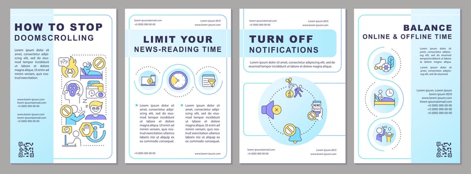 How to stop doomsurfing brochure template. Information explosion. Leaflet design with linear icons. Editable 4 vector layouts for presentation, annual reports