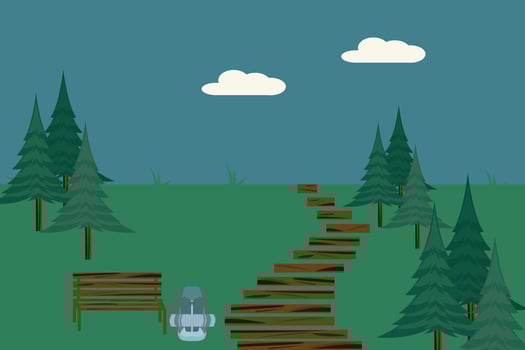 Illustration of outdoor scene with hiking trail, bench, backpack and sleeping bag with nature background. vector