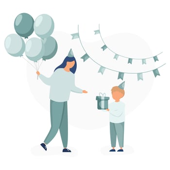 Mom and her son celebrate kids birthday. Mom holding with balloons near boy holding gift box. vector