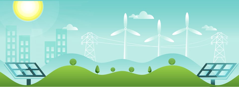 Illustration Of Solar Panels With Windmills, Transmission Tower And Buildings On Sunshine Turquoise And Green Nature Background. vector