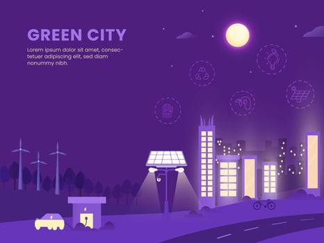 Green City Concept Based Poster Design With Buildings, Solar Street Light And Car Charging Station On Purple Full Moon Background. vector