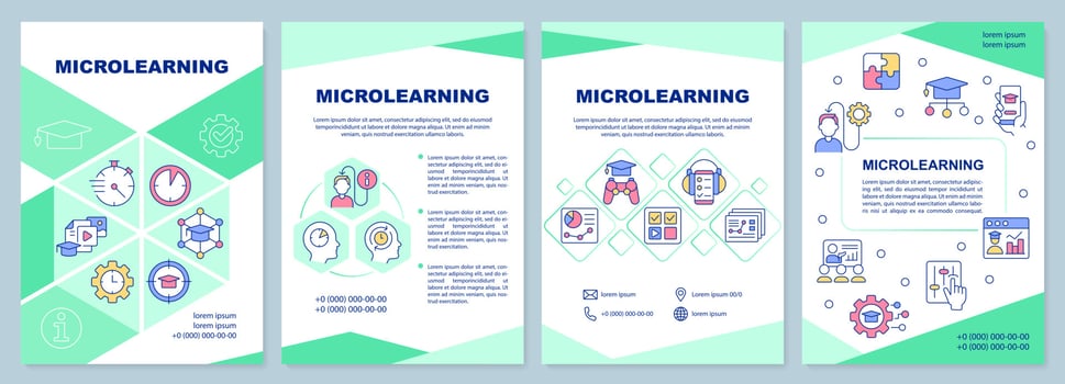 Microlearning approach green brochure template. E learning. Leaflet design with linear icons. Editable 4 vector layouts for presentation, annual reports