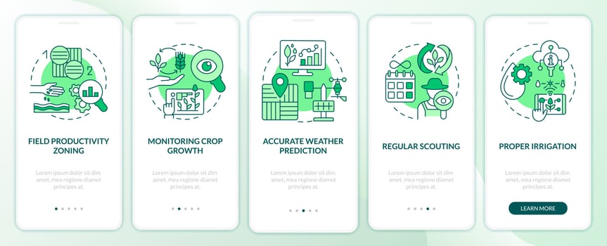 Increased crop yield factors green onboarding mobile app screen. Walkthrough 5 steps editable graphic instructions with linear concepts. UI, UX, GUI template vector
