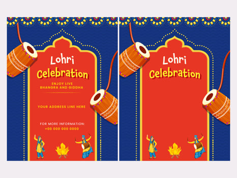 Lohri Celebration Invitation Cards With Event Details In Blue And Red Color. vector