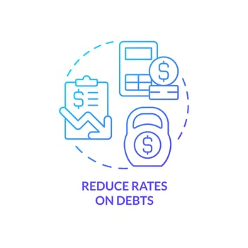 Reduce rates on debts blue gradient concept icon. Low interest rate. Budgeting for inflation abstract idea thin line illustration. Isolated outline drawing vector