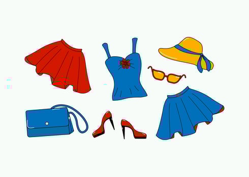 Clothing, summer and bright accessories . Set of colorful skirt, bag, shoes, sunglasses and hat , Doodle style.  Vector illustration.