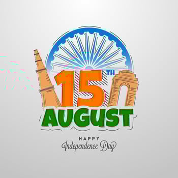 15th August Text With Ashoka Wheel And India Famous Monument On White Background For Happy Independence Day. vector