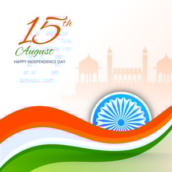 15th August Independence Day Concept With Tricolor Wave, Ashoka Wheel On Silhouette Red Fort White Background. vector