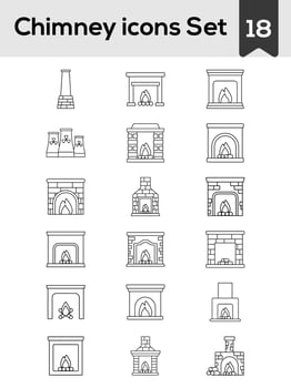 Black Line Art Chimney And Fireplace Icon Set On White Background. vector