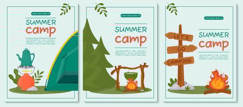 A set of posters for summer camping, travel, trip, hiking, tourist, nature, travel, picnic. Design of a poster, banner, leaflet, cover, special offer, advertisement. Vector illustration.