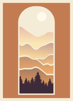 Minimal mountain landscape view throw the window poster. Modern boho background with sun and mountains, gradient wall decor. Vector a4 art print