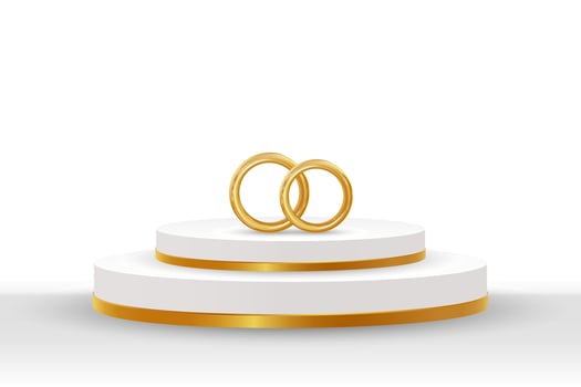 White and golden podium with gold wedding rings on a white background. 3d illustration, wedding design, vector