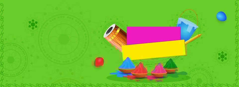 Illustration Of Drum Instrument With Bucket, Water Gun, Balloons And Bowls Full Of Dry Color On Green Background. vector